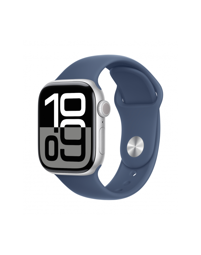 apple Watch Series 10 GPS, koperta 42 mm z aluminium w kolorze srebrnym z paskiem sportowym w kolorze denim - rozmiar S/M główny