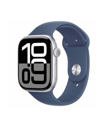 apple Watch Series 10 GPS, koperta 46 mm z aluminium w kolorze srebrnym z paskiem sportowym w kolorze denim - rozmiar S/M