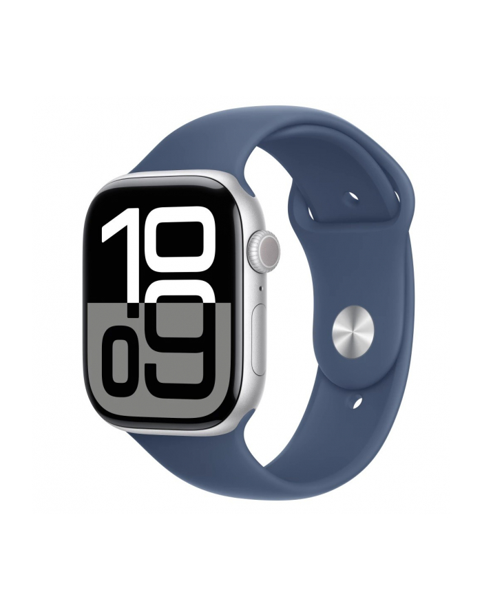 apple Watch Series 10 GPS, koperta 46 mm z aluminium w kolorze srebrnym z paskiem sportowym w kolorze denim - rozmiar S/M główny