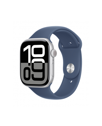 apple Watch Series 10 GPS, koperta 46 mm z aluminium w kolorze srebrnym z paskiem sportowym w kolorze denim - rozmiar M/L