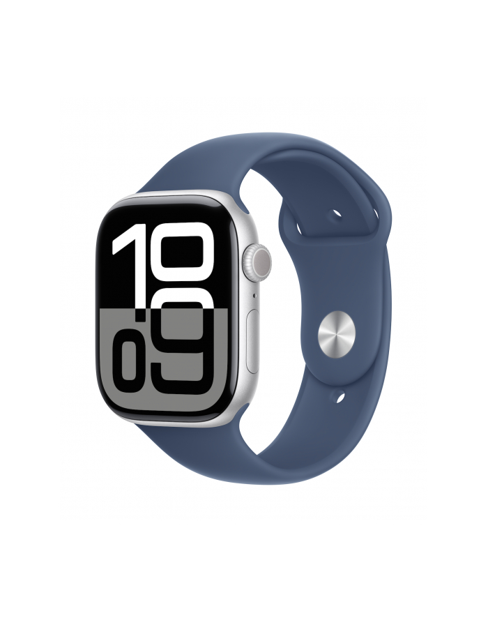 apple Watch Series 10 GPS, koperta 46 mm z aluminium w kolorze srebrnym z paskiem sportowym w kolorze denim - rozmiar M/L główny