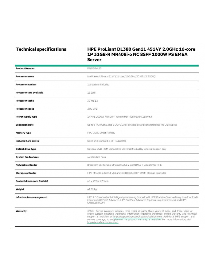 hewlett packard enterprise HPE ProLiant DL380 Gen11 Intel Xeon Silver 4514Y 2.0GHz 16c 1P 64GB-R 8SFF MR416i-o 2x2.4TB HDD 2x1000W PS (wersja europejska) Server główny