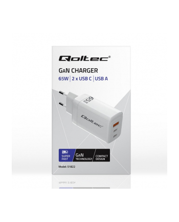 qoltec Ładowarka sieciowa 65W GaN | 5-20V | 3-3.35A | 2xUSB-C PD | 1xUSBQC 3.0 | Biała