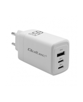 qoltec Ładowarka sieciowa 65W GaN | 5-20V | 3-3.35A | 2xUSB-C PD | 1xUSBQC 3.0 | Biała