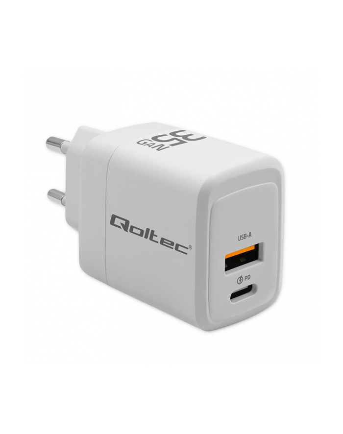 qoltec Ładowarka sieciowa 35W GaN | 5-20V | 1.5-3A | 1xUSB-C PD | 1xUSB QC 3.0 | Biała główny