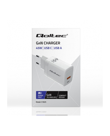 qoltec Ładowarka sieciowa 45W GaN | 5-20V | 1.5-3A | 1xUSB-C PD | 1xUSB QC 3.0 | Biała