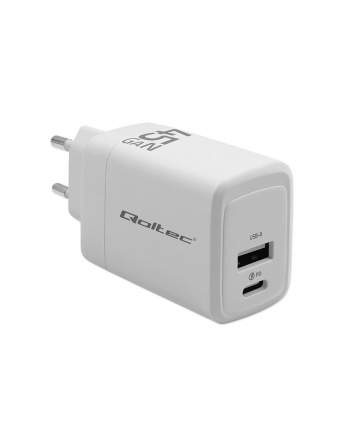qoltec Ładowarka sieciowa 45W GaN | 5-20V | 1.5-3A | 1xUSB-C PD | 1xUSB QC 3.0 | Biała