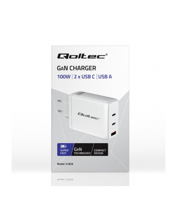 qoltec Ładowarka sieciowa 100W GaN | 5-20V | 1.5-3A | 2xUSB-C PD | 1xUSBQC 3.0 | Biała