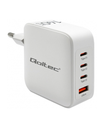 qoltec Ładowarka sieciowa 140W GaN | 5-20V | 2.5-5A | 3xUSB-C PD | 1xUSBQC 3.0 | Biała