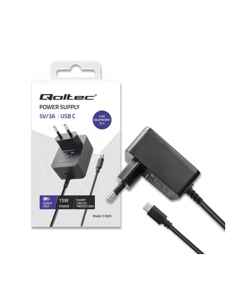 qoltec Ładowarka Super FAST PD for Raspberry PI 4 | USB-C | 15W | 5V |  3A | Czarna