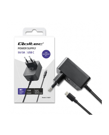 qoltec Ładowarka Super FAST PD for Raspberry PI 4 | USB-C | 15W | 5V |  3A | Czarna