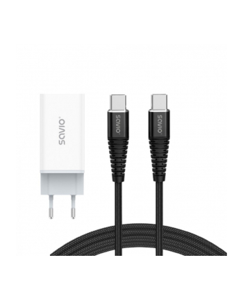 savio Ładowarka sieciowa 65W GaN LA-07 z kablem typu C-USB typ C 100W 1m, biało-czarna