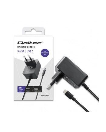 qoltec Ładowarka Super FAST PD for Raspberry PI 4 | USB-C | 15W | 5V |  3A | Czarna