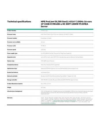 hewlett packard enterprise HPE ProLiant DL380 Gen11 Intel Xeon Silver 4514Y 2.0GHz 16c 1P 128GB-R 8SFF NS204i-u NC BCM57416 2x1000W PS (wersja europejska) Server