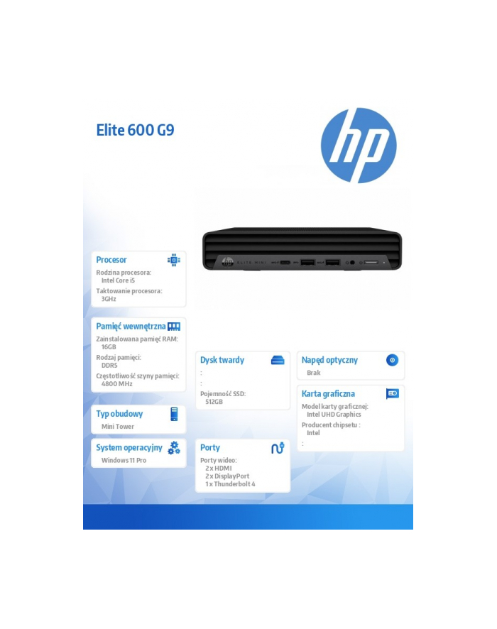 hp inc. Komputer Elite 600G9 MT i5-12500 512/16G/W11Pro 6B2G9EA główny
