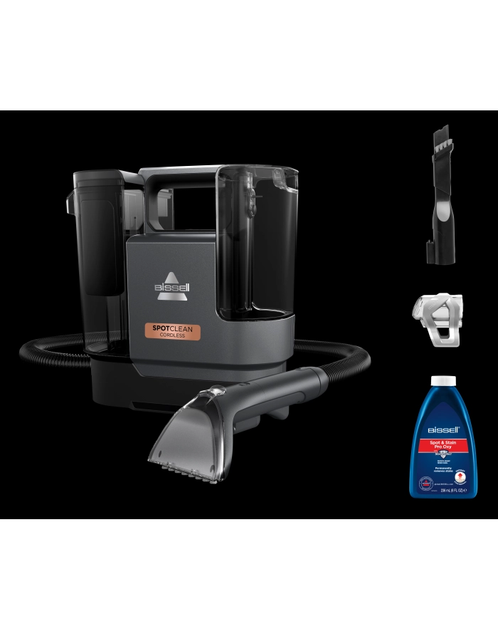 Bissell SpotClean Cordless 3681N Pojemność zbiornika na czystą wodę [l]: 0,9 | Pojemność zbiornika na wodę brudną [l]: 0,8 | Czas pracy [min]: 35 w trybie eco, 20 w trybie turbo główny