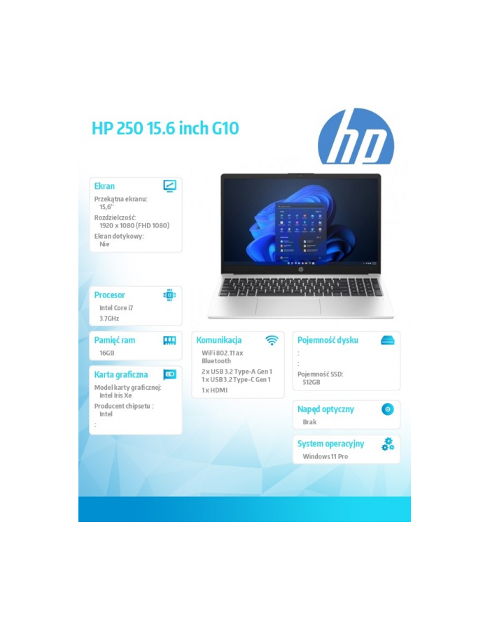 hp inc. Notebook 250 G10 i7-1355U 512GB/16GB/W11Pro/15,6 cali AD1A8ET główny