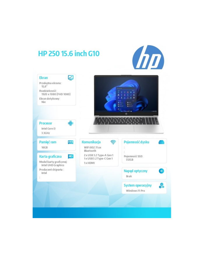 hp inc. Notebook 250 G10 i3-1315U 512GB/16GB/W11Pro/15,6 cali AL0E6AT główny