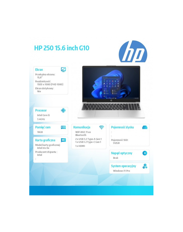 hp inc. Notebook 250 G10 i5-1334U 512GB/16GB/W11Pro/15.6 cali AL0E7AT główny