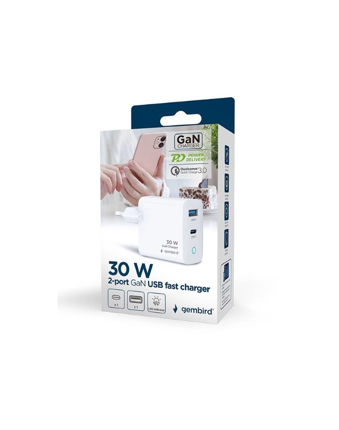 gembird Ładowarka USB-A/C GaN LED 30W PD QC3.0 biała główny