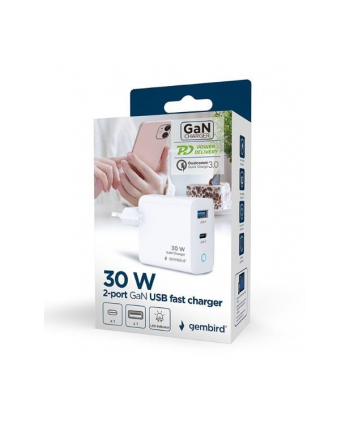 gembird Ładowarka USB-A/C GaN LED 30W PD QC3.0 biała