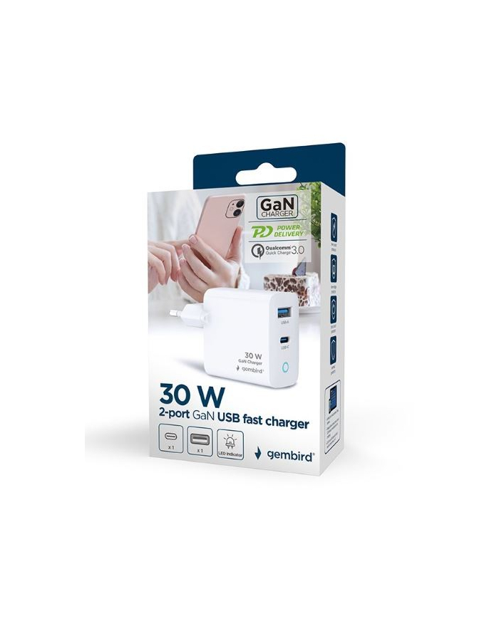 gembird Ładowarka USB-A/C GaN LED 30W PD QC3.0 biała główny