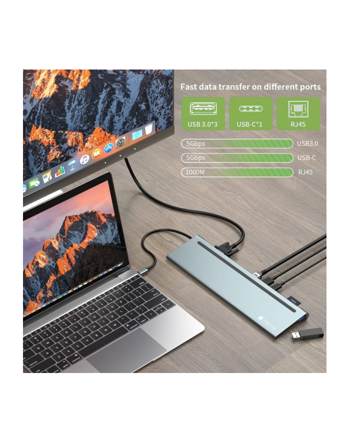 techly Stacja dokująca notebook USB-C na HDMI/DP/VGA/USB-A/RJ45/SD/USB-C PD główny