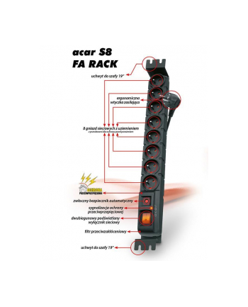 Acar S8 FA RACK, listwa zasilająco-filtrująca, 8 gniazd do szaf 19'', czarna, 5m