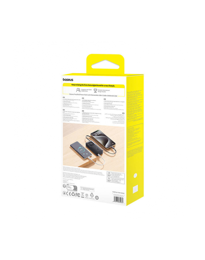 Baseus Free2Pull 10000mAh 30W z portem USB-C i rozwijanym kablem USB-C czarny główny