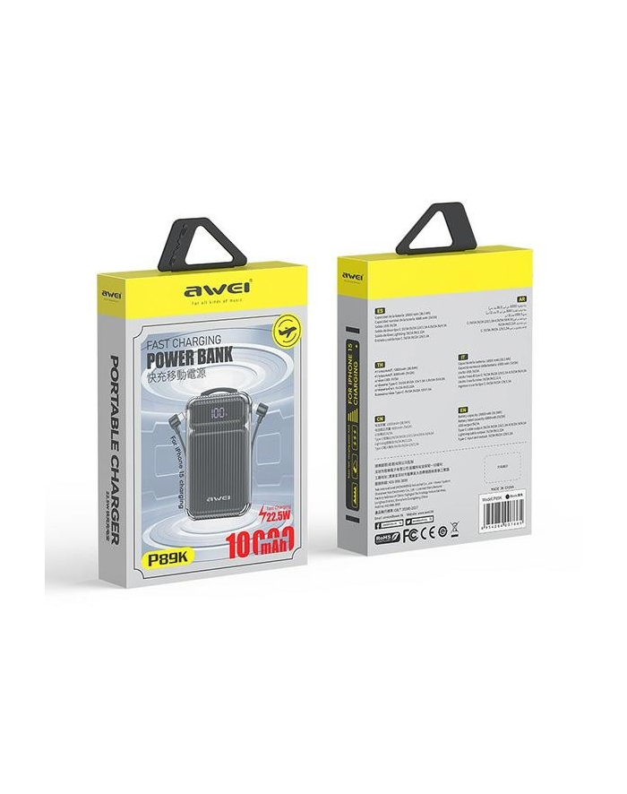 awei Powerbank 10000mAh 38,5W P89K wbudowane kable USB-C , Lightning  wyjścia 1xUSB+ USB-C główny