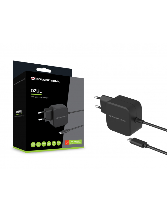 Conceptronic Ładowarka OZUL04BE 67W GaN USB-PD, wbudowany kabel USB-C główny