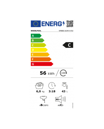Pralka Whirlpool | WRBSS 6249 W (wersja europejska) | Klasa efektywności energetycznej C | Ładowanie od przodu | Pojemność prania 6 kg | 1200 obr/min | Głębokość: 42,5 cm | Szerokość 59,5 cm | Wyświetlacz | DOPROWADZIŁO | Biały