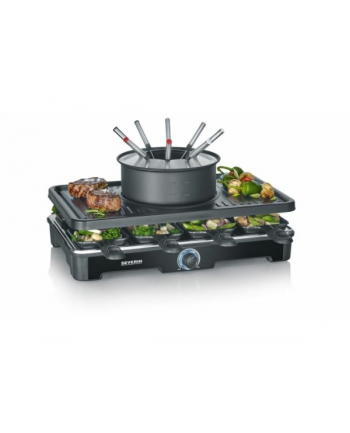 Severin RG 2347 Raclette 2w1 czarny Rodzaj: raclette/ grill | Moc [W]: 1400 | Kolor: czarny | Dodatki: 8 patelenek do raclette | grill 42 x 26 cm