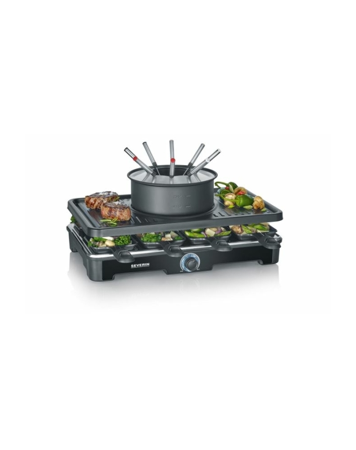 Severin RG 2347 Raclette 2w1 czarny Rodzaj: raclette/ grill | Moc [W]: 1400 | Kolor: czarny | Dodatki: 8 patelenek do raclette | grill 42 x 26 cm główny