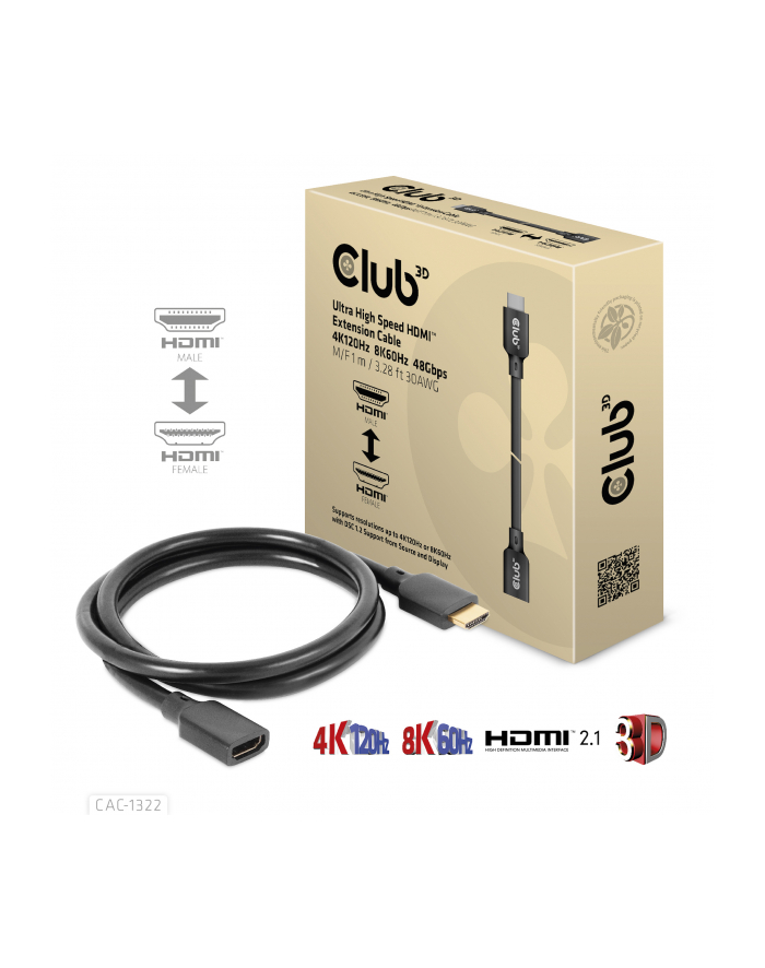 Club3D CAC-1322 kabel HDMI 1 m HDMI Typu A (Standard) Czarny główny