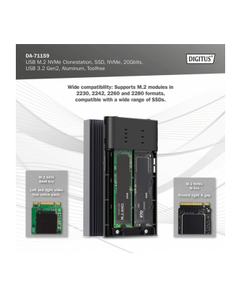 digitus Obudowa/Stacja klonująca USB 3.1 Typ C na dyski SSD M.2 NVMe 20 Gbps aluminiowa, beznarzędziowa