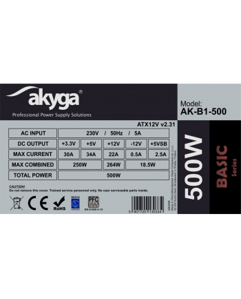 akyga Zasilacz ATX 500W AK-B1-500 P4 PCI-E 6+2 pin 3x SATA 2x Molex PPFC  FAN 12cm