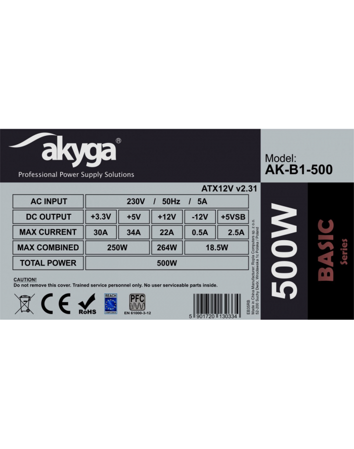 akyga Zasilacz ATX 500W AK-B1-500 P4 PCI-E 6+2 pin 3x SATA 2x Molex PPFC  FAN 12cm główny