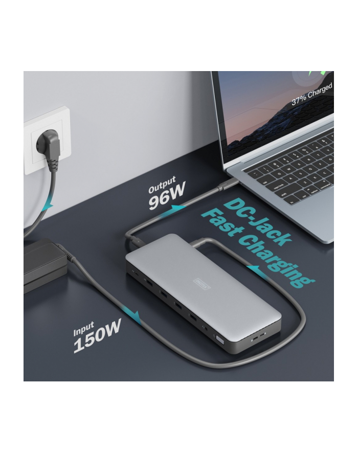 digitus Stacja dokująca USB Typ C 13-portów 3x HDMI 2x DisplayPort 4K/60Hz DC-Jack 150W główny