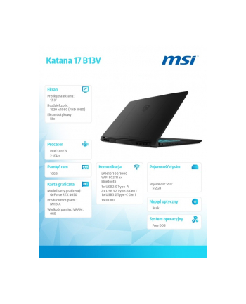 msi Notebook Katana 17 B13VEK-1449XPL nOS/RLi5-13420H/16GB/512SSD/RTX4050/17.3 cala