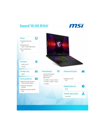 msi Notebook Sword 16 B14VFKG-822XPL nOS/i7-14650HX/16GB/1T/RTX4060/16 ''