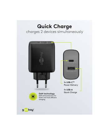 goobay USB-C dual quick charger, PD, GaN, 65 watts (black, 1x USB-C, 1x USB-A, Power Delivery)