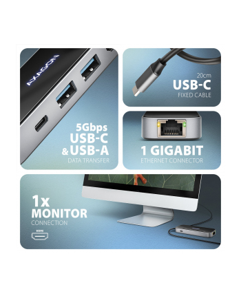 axagon HMC-6GLN Wieloportowy hub USB 6in1, 5Gbps, 2xUSB-A, 1x USB-C, GLAN, HDMI 4K/60Hz, PD 100W, 20cm USB-C kabel