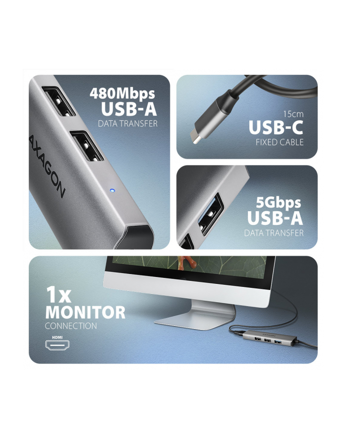 axagon HMC-H3A Wieloportowy hub USB 4in1, 5Gbps, 3x USB-A (2x USB2.0, 1x USB3.0) + HDMI 4K/30Hz, metal, 15cm USB-C kabel główny