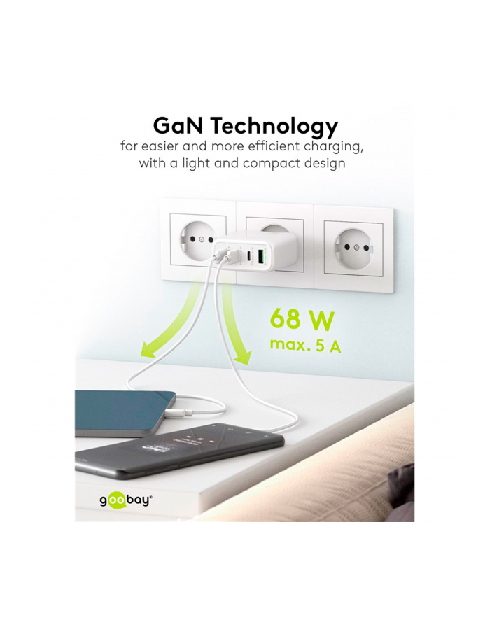 goobay USB-C multiport quick charger, PD, GaN, 68 watts (black, 3x USB-C, 1x USB-A, Power Delivery, QuickCharge) główny