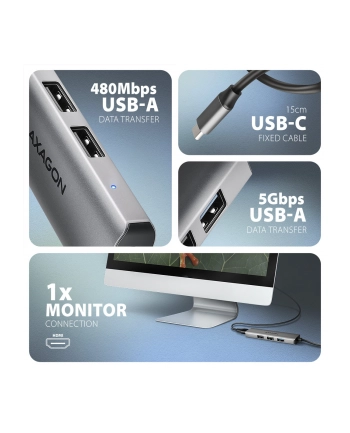 axagon HMC-H3A Wieloportowy hub USB 4in1, 5Gbps, 3x USB-A (2x USB2.0, 1x USB3.0) + HDMI 4K/30Hz, metal, 15cm USB-C kabel