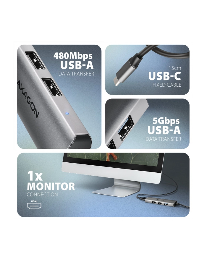 axagon HMC-H3A Wieloportowy hub USB 4in1, 5Gbps, 3x USB-A (2x USB2.0, 1x USB3.0) + HDMI 4K/30Hz, metal, 15cm USB-C kabel główny