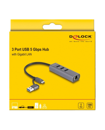 DeLOCK 3 Port USB 5 Gbps Hub + Gigabit LAN with USB Type-C, Docking Station (grey)