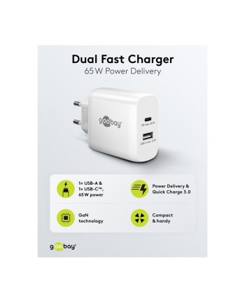 goobay USB-C dual fast charger, PD, GaN, 65 watts (BIAŁY, 1x USB-C, 1x USB-A, Power Delivery)