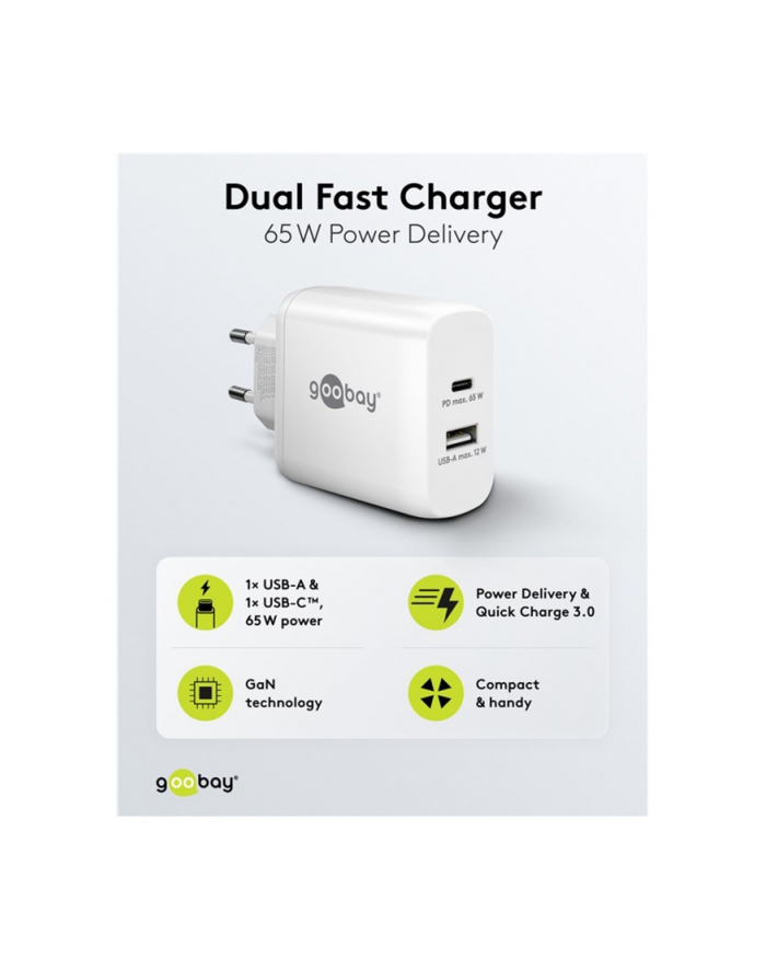 goobay USB-C dual fast charger, PD, GaN, 65 watts (BIAŁY, 1x USB-C, 1x USB-A, Power Delivery) główny